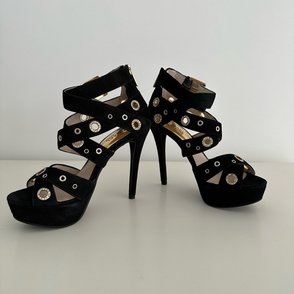 Michael Kors Delilah Grommet Platform suede ankle strap heels size 5 1/2 black - Picture 7 of 15